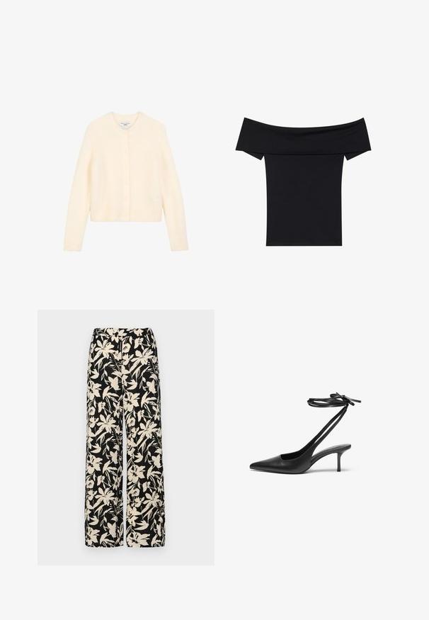 Elfenbeinfarbener, verkürzter Cardigan aus weichem Strickstoff, mit Rundhalsausschnitt, durchgehender Knopfleiste und gerippten Säumen und Ärmeln.; Schwarzes Off-Shoulder-Top aus weichem Stretchmaterial. Mit kurzen Ärmeln und figurnaher Silhouette. Schlichtes, nahtloses Design.; Schwarze weit geschnittene Hose mit einem cremefarbenen Blumenmuster. Hergestellt aus leichtem Stoff, mit einer glatten Textur und einem hohen Bund.; Schwarzer Leder-Stiletto mit spitzem Zehenbereich, offenem Fersenbereich und mit einer Schleife gebundenen Knöchelriemen. Schlanker 3-Zoll-Absatz. Glatte Textur, minimalistisches Design.