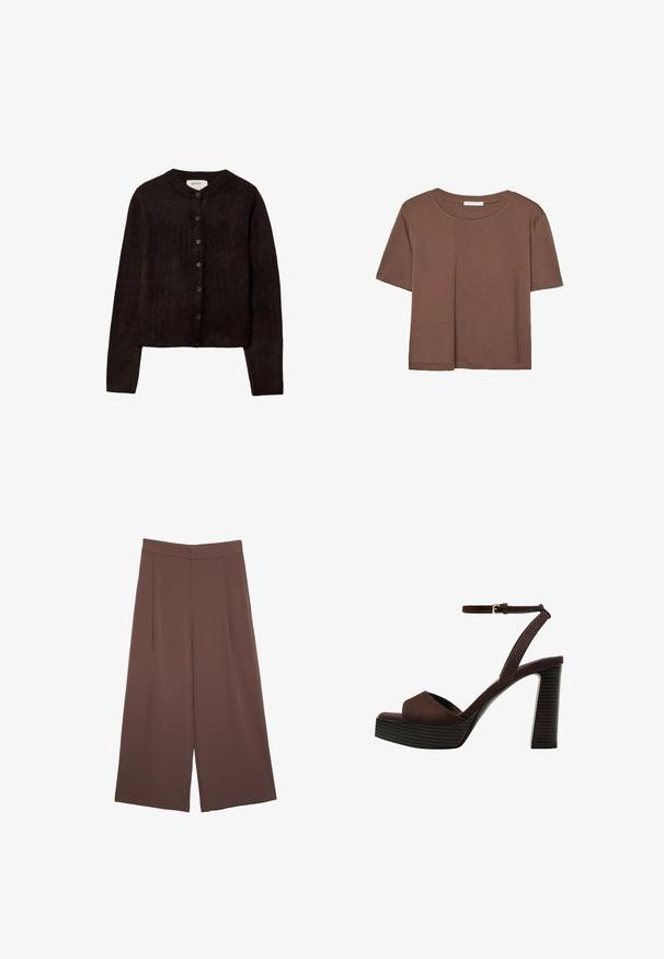 Tummanoranssi neuletakki, jossa on pyöreä pääntie, nappikiinnitys ja pitkät hihat. Valmistettu pehmeästä neulemateriaalista, joka omaa sileän pinnan.; Kahvinsävyinen lyhythihainen t-paita, joka on valmistettu pehmeästä kankaasta. Pyöreä pääntie ja rento malli. Ei näkyviä kuvioita tai koristeita.; Ruskeat leveälahkeiset housut, joissa on sileä pinta, korkea vyötärö ja etupleat. Kangas on kevyttä ja laskeutuu väljänä.; Ruske kožne sandale s visokom potpeticom, otvorenim prstima, podesivim kopčanjem oko gležnja i prugastim platformskim đonom.