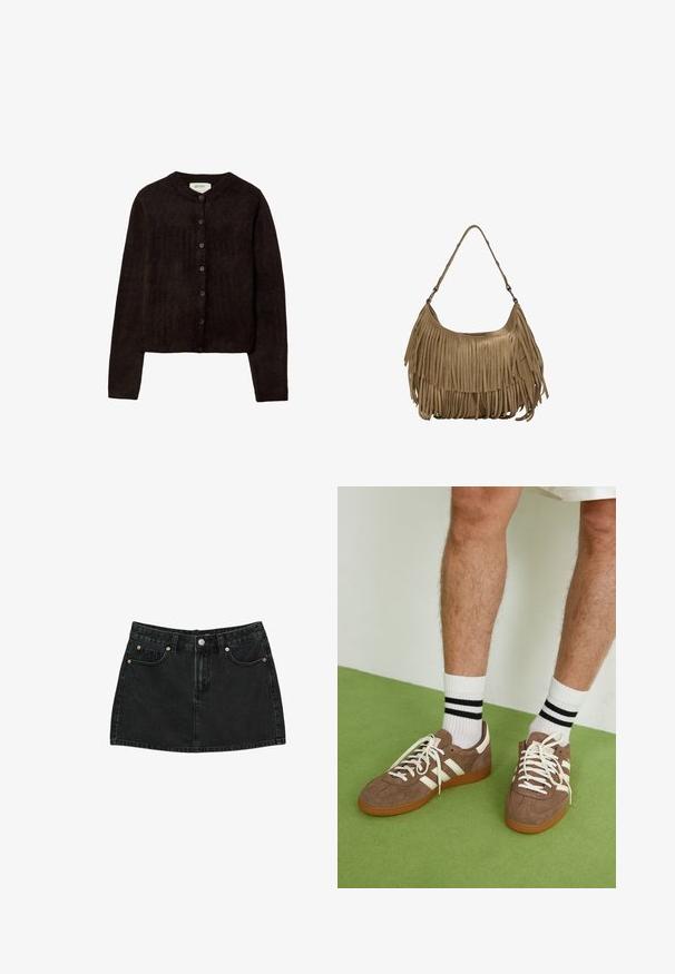 Tummanoranssi neuletakki, jossa on pyöreä pääntie, nappikiinnitys ja pitkät hihat. Valmistettu pehmeästä neulemateriaalista, joka omaa sileän pinnan.; Stradivarius HALTER WITH EMBROIDERY - Pusero - black; Mustan denimin mini-hame, jossa on edessä napit, vyölenkit ja kaksi etutaskua kuparin niittien kanssa, asetettuna tasaisesti valkoista taustaa vasten.; Ruske nahkate sneakerit valkoisilla korostuksilla ja nauhoilla. Kumi-gumipohja. Yhdistetty valkoisiin sukkiin, joissa on mustia raitoja. Vihreä teksturoitu lattia.; Ruskea mokkanahkainen käsilaukku, jossa on pitkät fringer yksityiskohdat, kaareva muoto ja yksi olkahihna. Pinta on sileä ja teksturoitu.