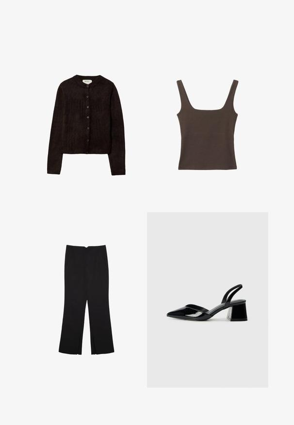 Tmavohnedý kardigán s okrúhlym výstrihom, zapínaním na gombíky a dlhými rukávmi. Vyrobený z mäkkej pleteniny, s hladkou textúrou.; Hnedý bezrúškový top so štvorcovým výstrihom, vyrobený z mäkkého, elastického materiálu. Má priliehavý strih a ploché švy.; Čierne nohavice so strihom rovného strihu, s prednými vreckami a bočnými rozparkami na leme. Vyrobené z mäkkej, hladkej tkaniny. Vhodné na rôzne príležitosti.; Čierne lakované kožené sandálové podpätky s špicatou špičkou a geometrickým blokovým podpätkom. Disponujú elegantným, minimalistickým dizajnom a hladkým povrchom.