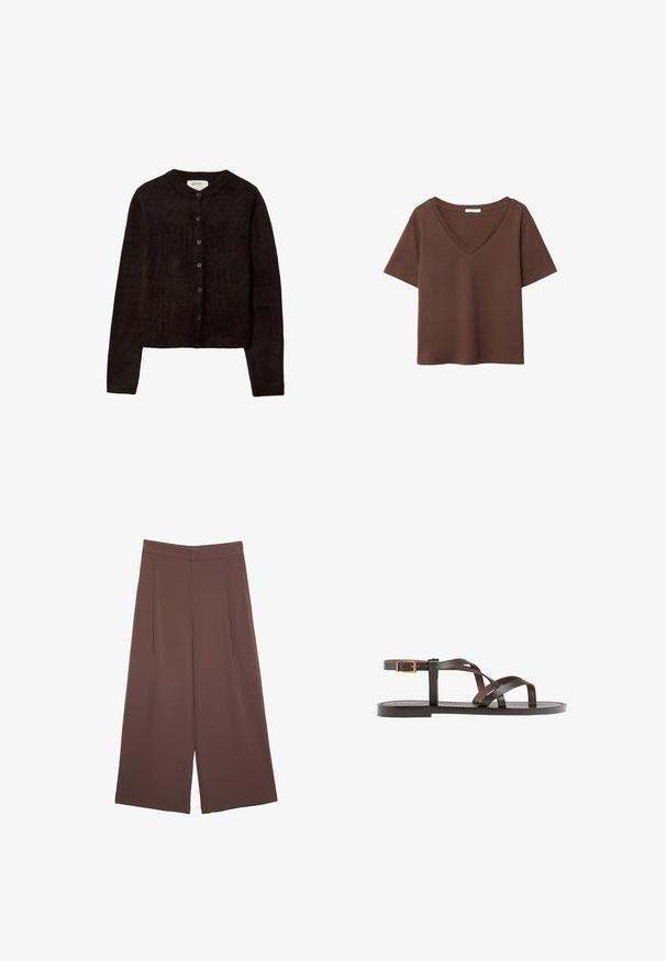 Mørkebrun cardigan med rund hals, knaplukning og lange ærmer. Fremstillet af blødt strik materiale med en glat tekstur.; Brun bomulds t-shirt med korte ærmer og dyb V-hals. Enkel design, blød tekstur og lige kant. Ingen mønstre eller detaljer.; Brune bredbunde bukser med en glat tekstur, der har høj talje og plisseringer foran. Stoffet er let og falder løst.; Brune lædersandal med krydsende stropper, ankelspænde og en flad sål med minimale syninger.
