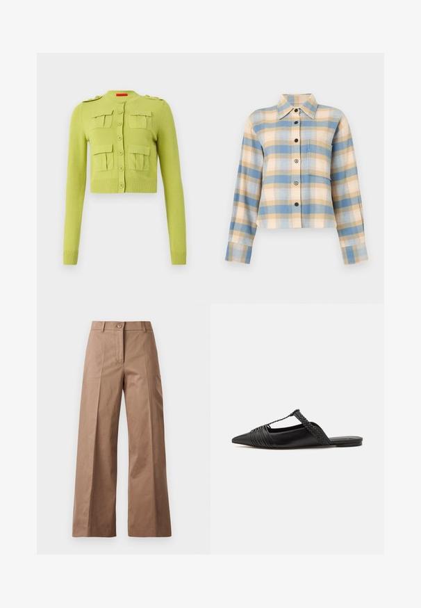 Cardigan verde tricotat cu guler rotund, închidere cu butoane și patru buzunare frontale. Are manșete și tiv cu nervuri.; Cămașă în carouri cu guler structurat, având modele în nuanțe de albastru, bej și roz, mâneci lungi și nasturi negri pe față.; Pantaloni largi de culoare maronie, confecționați dintr-un material neted, având o închidere cu nasture în față, două buzunare frontale și linii curate, croite.; Pantofii din piele neagră cu curea la spate au vârful ascuțit, prezentând un accent țesut și un design superior pliat. Talpa joasă cu hardware minim.