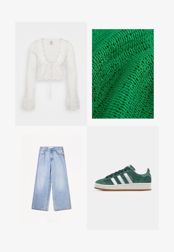 Vit kort cardigan med stickad textur, vågiga kanter, långa trumpetärmar och dragsko-öppning framtill.; Grön stickad textil med ett texturerat mönster och ett löst och öppet väv, som visar fina garn och flera synliga stygn.; Bershka WIDE-LEG - Wide leg - light-blue denim; Gröna mockaskor med vita läderränder, gummisula, vadderad krage och minimalistisk design. Har varumärke på sidan.