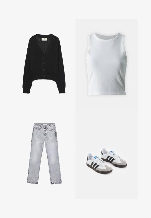 Černý pletený cardigan s výstřihem do V, dlouhými rukávy a zkráceným lemem. Má zapínání na knoflíky a žebrované manžety. Texturovaná tkanina.; Bílý žebrovaný tílko s kulatým výstřihem a bezramínkovým designem, s rovnými lemy a hladkou, elastickou strukturou.; Šedé džíny z denimu se střihy rovnými nohavicemi, s poškozenou úpravou, pěti kapsami a měděnými nýtky. Pasová část obsahuje logo štítek.; Sportovní boty s bílým koženým svrškem, šedou semišovou špičkou a třemi černými pruhy. Obsahují modré logo na jazyku a texturovanou gumovou podrážku.