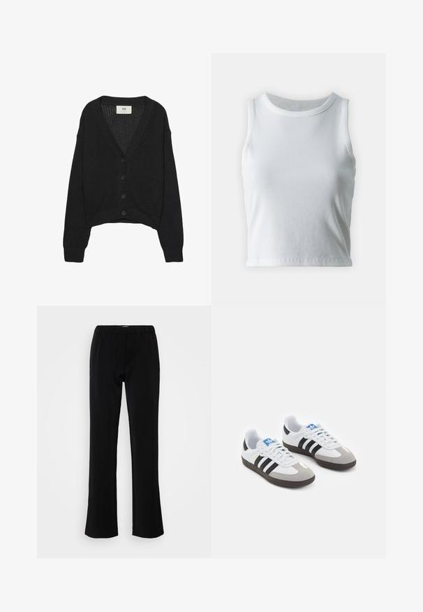 Schwarze Strickjacke mit V-Ausschnitt, langen Ärmeln und cropped Saum. Verfügt über eine Knopfleiste und gerippte Bündchen. Strukturierter Stoff.; Weißes, geripptes Tanktop mit runder Ausschnittform und ärmellosem Design, ausgestattet mit einem geraden Saum und einer glatten, dehnbaren Textur.; Schwarze Hose mit ausgestelltem Design, hergestellt aus einem glatten Stoff. Verfügt über einen elastischen Bund für Komfort und eine saubere, schlichte Silhouette.; Sportschuhe mit einem Obermaterial aus weißem Leder, grauer Wildleder-Zehenkappe und drei schwarzen Streifen. Sie verfügen über ein blaues Logo auf der Zunge und eine strukturierte Gummisohle.