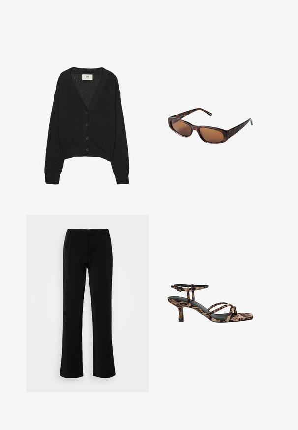 Černý pletený cardigan s výstřihem do V, dlouhými rukávy a zkráceným lemem. Má zapínání na knoflíky a žebrované manžety. Texturovaná tkanina.; Světle béžový žebrovaný top bez rukávů s kulatým výstřihem. Vyrobeno z měkké tkaniny, se čistými lemovkami. Žádné viditelné vzory.; Černé kalhoty s vykasaným designem, vyrobené z hladké tkaniny. Mají elastický pas pro pohodlí a čistý, jednoduchý siluetu.; Sandály na podpatku s leopardím vzorem, čtveratou špičkou, více popruhy a středně vysokým podpatkem. Vyrobeno z měkkého textilního materiálu.; Hnědé želvovinové sluneční brýle s obdélníkovými skly, štíhlý profil a zakřivené nožičky. Skla mají hnědý nádech, rám je vyroben z plastu.