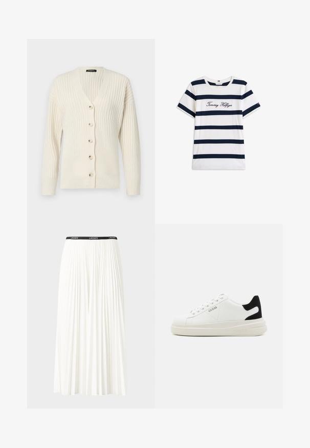 Cremefarbener gerippter Cardigan mit V-Ausschnitt, langen Ärmeln und fünf vorderen Knöpfen. Weiche Textur mit einer taillierten Silhouette.; Baumwoll-T-Shirt mit horizontalen navy-blauen Streifen auf weißem Hintergrund. "Tommy Hilfiger" in Kursivschrift auf der Brust gestickt. Runder Halsausschnitt.; Faltenrock aus Weiß mit einem schwarzen elastischen Bund, der das "LACOSTE"-Logo trägt. Mittellanges Design mit weicher Textur.; Weiße Leder-Sneaker mit einer dicken weißen Sohle, schwarzem Wildlederakzent an der Ferse und geprägtem Logo an der Seite. Schnürdesign mit sechs Ösen.