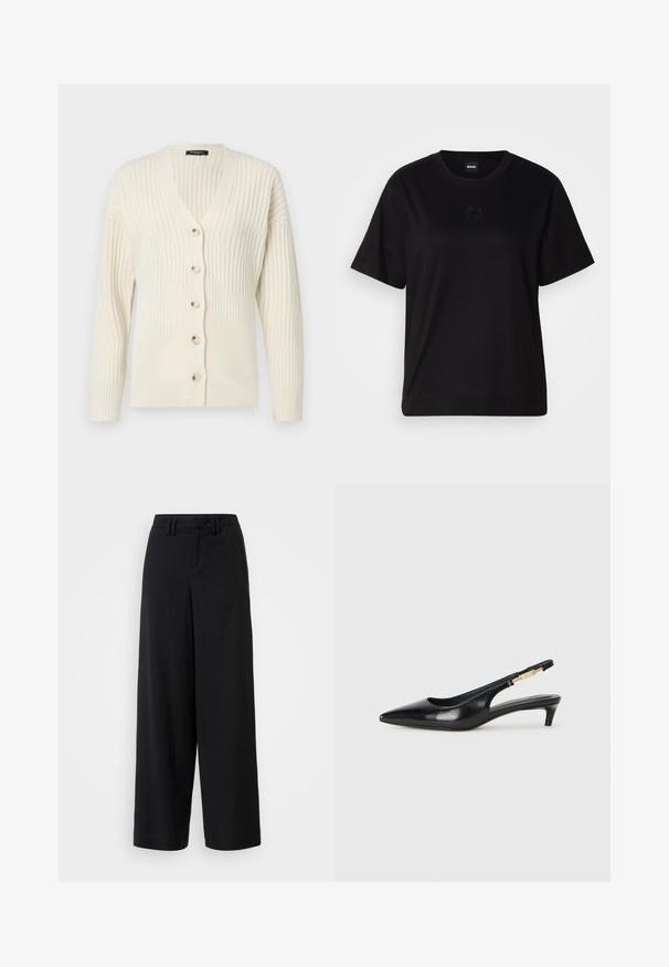 Cremefarbener gerippter Cardigan mit V-Ausschnitt, langen Ärmeln und fünf vorderen Knöpfen. Weiche Textur mit einer taillierten Silhouette.; Schwarzes Baumwoll-T-Shirt mit Rundhalsausschnitt, kurzen Ärmeln und aufgesticktem Logo auf der Brust. Einfacher, lässiger Schnitt ohne Muster.; Schwarze weite Hosen aus glattem Stoff, mit einem flachen Frontdesign, gefältelten Details und Gürtelschlaufen am Bündchen.; Schwarze Leder-Slingback-Pumps mit spitzem Schuhblatt, ausgestattet mit einem schlanken Absatz und einem goldfarbigen Akzent am verstellbaren Riemen. Glatte Textur.