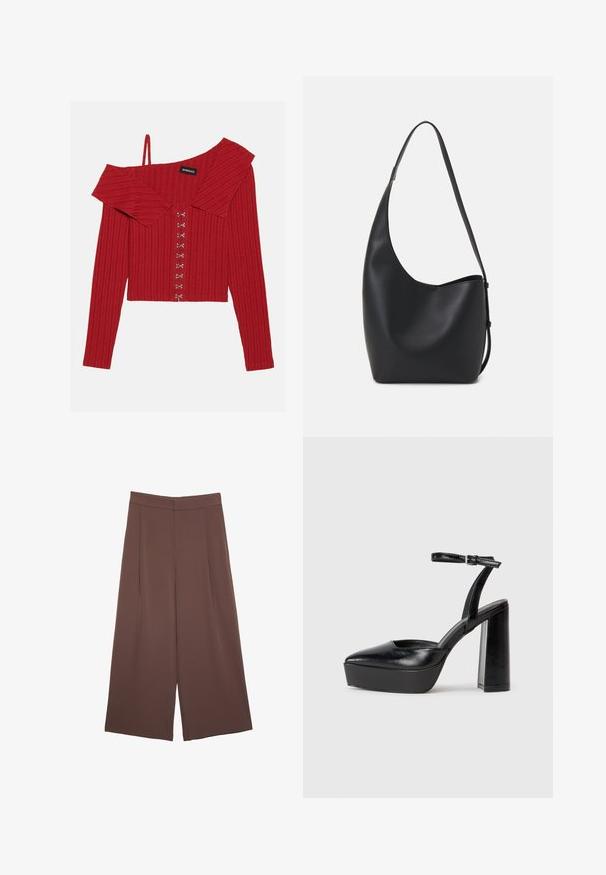 Rotes geripptes Off-Shoulder-Oberteil mit Kragen, langen Ärmeln und dekorativen Knopfverschlüssen auf der Vorderseite, aus einem weichen Stoff gefertigt.; Brauner, hochgeschlossener Badeanzug mit dünnen, verstellbaren Trägern; zeichnet sich durch einen hohen Beinschnitt und eine glatte Textur aus. Keine Muster oder Verzierungen.; Braune Weite-Leg-Hosen mit einer glatten Textur, hoher Taille und Vorderfalten. Der Stoff ist leicht und fällt locker.; Schwarze Plateau-High Heels mit spitzem Zeh und verstellbarem Knöchelriemen. Gefertigt aus glattem Leder und mit einem klobigen Blockabsatz.; Schwarze Leder-Hobo-Tasche mit einer glatten Textur, geschwungener Form und einem einzelnen verstellbaren Tragegurt; verfügt über eine weite Öffnung am oberen Ende.