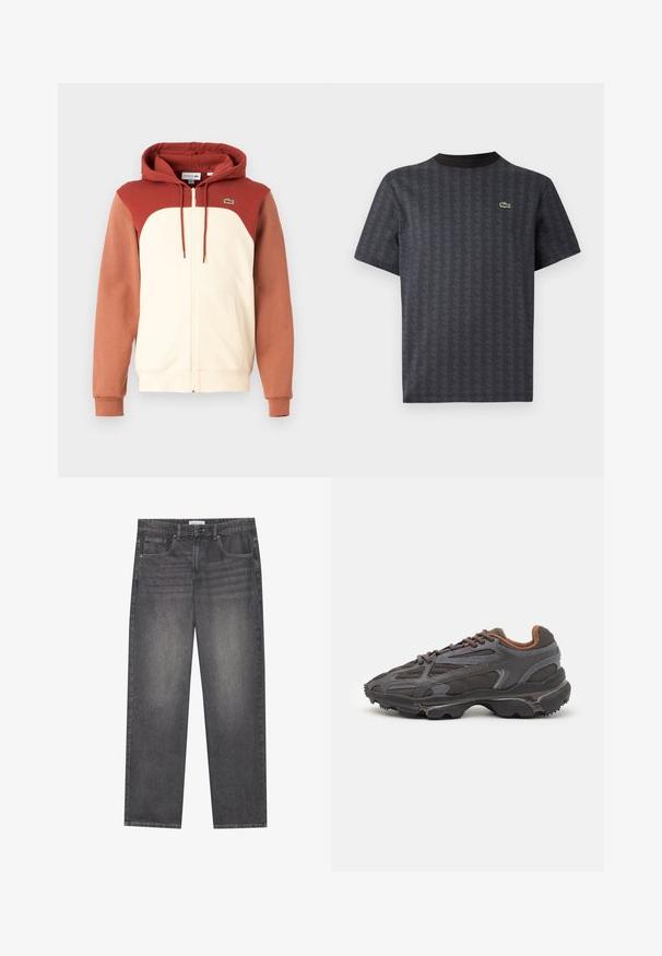 Kapučino su užtrauktuku, turinti kremišką priekį, rusvos spalvos pečius ir rankoves, su maža žalia LOGO krūtinėje. Minkšta audinio tekstūra.; Juodas trumpomis rankovėmis marškinėliai su geometriniu raštu ir žaliu krokodilo logotipu, klasikiniu juodu apykaklės iškirpimu.; Tamsiai pilkos džinsinės kelnės su tiesiu kirpimu, turinčios penkias kišenes, priekinį knopkopį ir švelnų išblukimą audinyje.; Lacoste sportbačiai tamsiai pilki, pagaminti iš tinklinės ir sintetinių medžiagų, su tekstūruotu padu ir rudomis detalėmis ant apykaklės bei prekės ženklo.