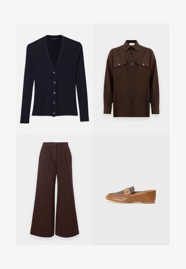 Námořnický žebrovaný cardigan s výstřihem do V, dlouhými rukávy a zapínáním na šest knoflíků. Měkká textura s přiléhavým střihem.; Tmavě hnědá košile s dlouhým rukávem a knoflíky, se dvěma kapsami na hrudi a klasickým límečkem, vystavená na čistém bílém pozadí.; Hnědé kalhoty s vysokým pasem, širokými nohavicemi, zapínáním na knoflík a zip, poutky na pásek a předními sklady.; Hnědé kožené mokasíny s texturovaným hnědým látkovým panelem a zlatými kovovými akcenty. Úzký profil a prošívané detaily po stranách.