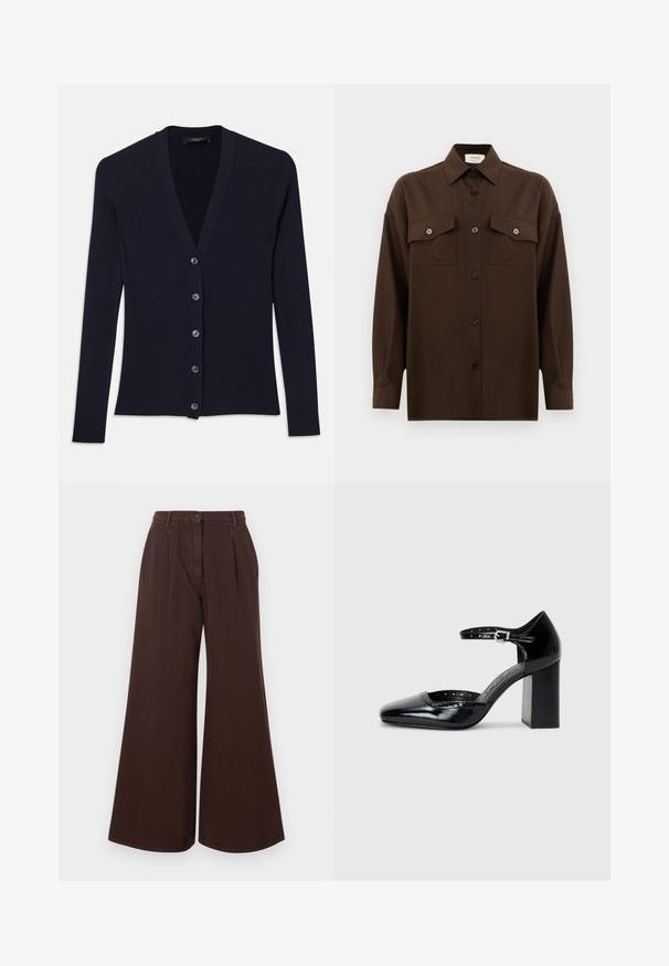 Tamsiai mėlynas grublėtas kardiganas su V formos iškirpte, ilgomis rankovėmis ir šešių mygtukų uždarymu. Minkšta tekstūra su prigludusia forma.; Tamsiai rudas ilgarankovis mygtukų marškiniai su dviem kišenėmis ant krūtinės ir klasikiniais apykakle, pristatomas prieš paprastą baltą foną.; Aukšto juosmens platėjančios rudos kelnės su mygtuku ir užtrauktuku, dirželių kilpomis ir priekinėmis raukšlėmis.; Juodos lakuotos aukštakulnės bateliai su kvadratine nosimi, kulkšnies dirželiu ir masyviu kulnu. Apima perforuotus detalizavimus aplink kraštą.