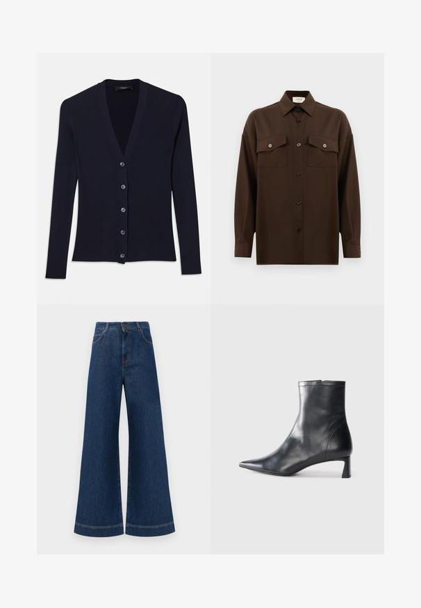 Cardigan bleumarin cu dungi, având decolteu în V, mâneci lungi și închidere cu șase nasturi. Textură moale cu o croială ajustată.; Cămașă lungă, cu mâneci lungi, de culoare maro închis, cu două buzunare frontale cu clapetă și guler clasic, expusă pe un fundal alb simplu.; Jeans din denim albastru cu picioare largi și talie înaltă, având închidere cu buton, bucle pentru curea și detalii discrete de cusut pe buzunare și la tivuri.; Cizmă de gleznă din piele neagră cu vârf ascuțit și un design elegant. Dispune de un toc mic și de o închidere cu fermoar la spate. Textură netedă.