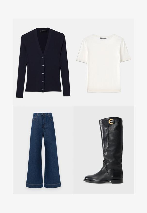 Mørkeblå ribbede cardigan med V-hals, lange ærmer og seks knaplukninger. Blød tekstur med en tætsiddende pasform.; Hvid kortærmet strikbluse med rund halsudskæring, der har en glat tekstur og subtile ribbede detaljer ved ærmerne og kanten.; Bredde ben blå denim jeans med høj talje, der har knaplukning, bæltestropper og diskrete syninger langs lommerne og kanterne.; Sort læder knæhøj støvle med rund tå, snørebånd foran, sidelænde detaljer og en guld spændeaccents øverst. Glat tekstur.