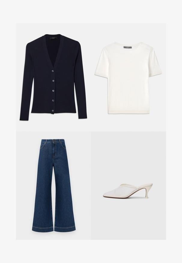 Marineblauwe geribde cardigan met V-hals, lange mouwen en zes knopen. Zachte textuur met een getailleerde pasvorm.; Witte gebreide top met korte mouwen en een ronde halslijn, met een gladde textuur en subtiele ribgebreide accenten bij de mouwen en de zoom.; Brede blauwe denimjeans met een hoge taille, voorzien van een knoopsluiting, riemlussen en subtiele stikdetails langs de zakken en zoom.; Witte mesh puntige muiltjes met een slanke hak van middelgrote hoogte en een slip-on ontwerp, tegen een effen achtergrond.