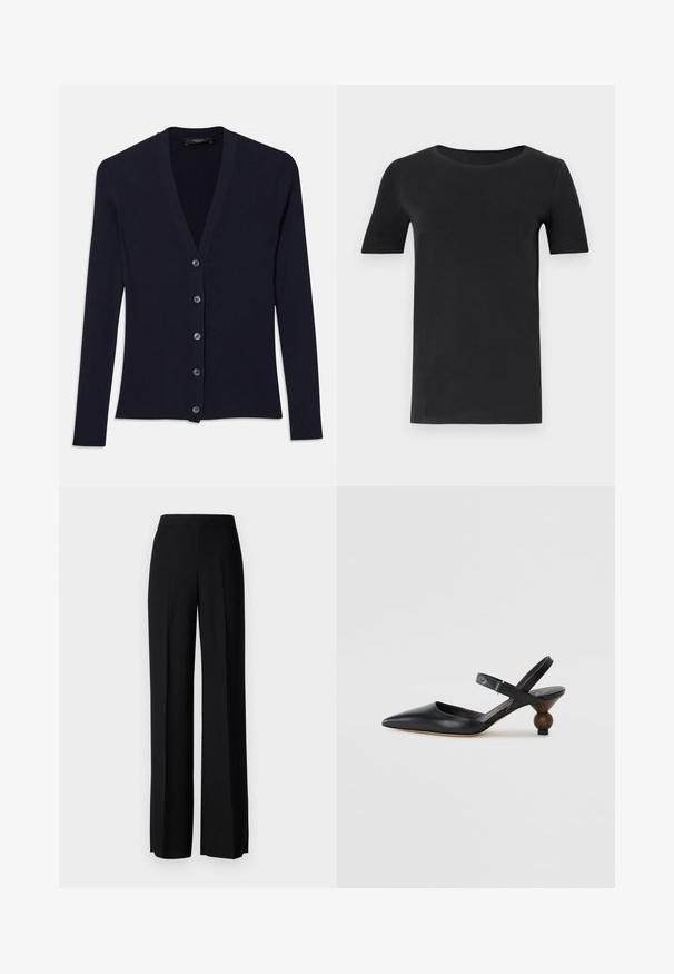 Tengerészsötét kék bordázott kardigán V-nyakkal, hosszú ujjakkal és hat gombos záródással. Puha tapintás, szűkített szabással.; Fekete, rövid ujjú póló, puha pamutból készült, kerek nyakkivágással és klasszikus szabással. Sima textúra, minta vagy díszítés nélkül.; Fekete, széles szárú nadrág sima tapintással, magas derékkal és középen pliszével. Nincsenek látható minták vagy fém részletek.; Fekete bőr szandálcipő hegyes orral, íves kialakítással és kerek, fára hasonlító sarokkal. Keskeny bokapánttal rendelkezik.