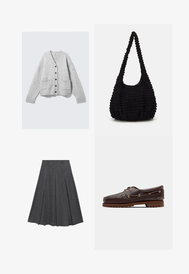 Grå strikket cardigan med v-hals, lange ærmer, ribstrikkede manchetter og to forlommer. Har knaplukning og blød tekstur.; Cropmet skjorte med blå og hvide lodrette striber, struktureret finish, spidse kraver og enkeltknapmanchetter.; Grå plisseret nederdel med en vidde form, lavet af blødt stof. Har lodrette plisseringer og et glat taljebånd for et tætsiddende look.; Brune læder bådsko med gyldne øjer, runde snørebånd og en struktureret brun gummisål. Har quiltede detaljer og et forhøjet logo.; Sort tekstureret stofpose med en enkelt snoet rem, der har en fyldig form og sammensnørt overfladedesign.