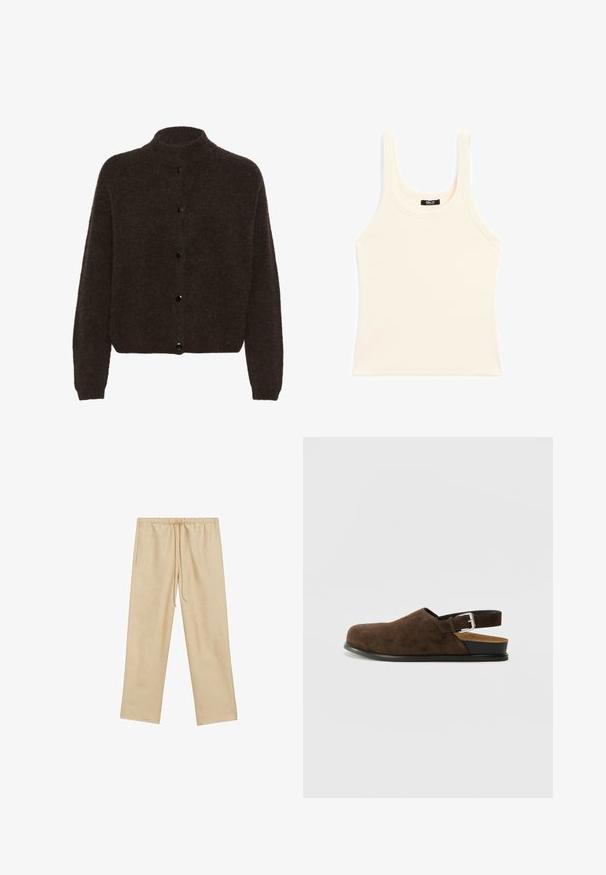 Gestuz ALPHA - Kofta - dark brown; Ljusbeige linne av ribbat material med rund halsringning och tjocka axelband, med en figurnära passform och minimal detaljering.; Ljusbeige, löst sittande byxor med elastisk midja och dragsko. Har två sidofickor och en slät textur.; Bruna mockaskor med låg klack, justerbart band med ett silverfärgat spänne och en svart gummisula.