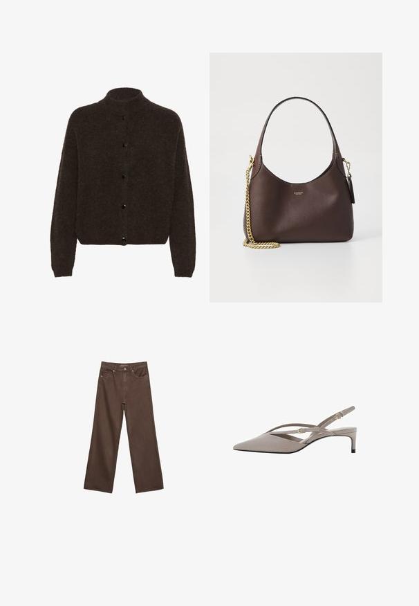 Gestuz ALPHA - Cardigan - dark brown; Top bianco senza maniche con vestibilità morbida, scollo rotondo, texture liscia e orlo dritto. Design semplice senza motivi o accessori.; Jeans a gamba larga marroni in denim, con vita alta, tasche anteriori e chiusura a bottone classica. Tessuto liscio con cuciture sottili.; Tacchi slingback beige con punta affusolata, sottili cinturini incrociati e tacco a stiletto corto. Tessuto liscio con inserti in hardware dorato.; COACH BROOKLYN SHOULDER BAG 23 - Borsa a mano - maple