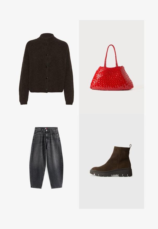Gestuz ALPHA ciemnobrązowy; Jasnoniebieska, długosleeva polo z poziomymi szarymi i białymi paskami oraz kołnierzykiem.; Czarny dżinsowy jeans o wysokim stanie z luźnym krojem, z pięcioma kieszeniami, szlufkami na pasek oraz metką z logo na pasek.; Brązowy zamszowy botek za kostkę z masywną czarną gumową podeszwą, posiadający lekki obcas i pętelkę z tyłu ułatwiającą zakładanie.; Czerwona pleciona torba o błyszczącej powierzchni, z plecionymi uchwytami. Charakterystyczny trójkątny kształt i teksturowana powierzchnia z ciasnym wzorem.