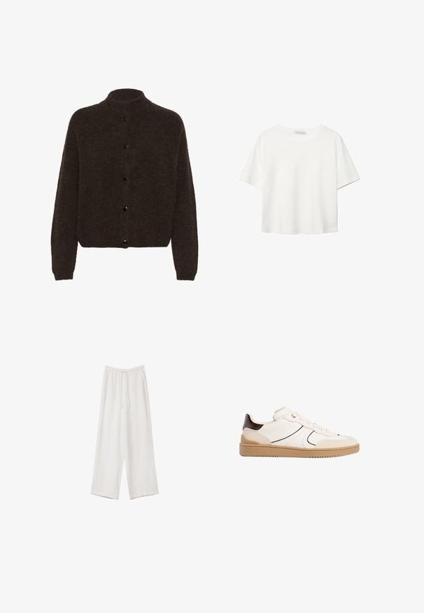 Gestuz ALPHA - Cardigan - dark brown; T-shirt bianco a maniche corte realizzato in cotone. Presenta un collo tondo e una vestibilità rilassata. Texture liscia senza motivi o dettagli visibili.; Pantaloni a gamba larga bianchi realizzati in un tessuto leggero. Presentano una vita elastica con cordoncino e tasche laterali. Texture liscia.; Stradivarius Sneakers basse - white