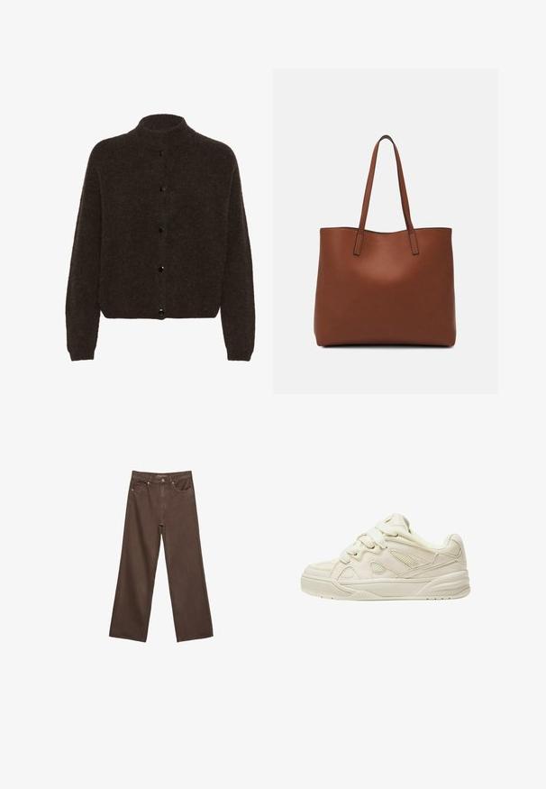 Gestuz ALPHA - Cardigan - dark brown; White short-sleeve t-shirt made of cotton. Features a crew neckline and a relaxed fit. Smooth texture with no visible patterns or accents.; Wide-leg brown jeans made of denim, featuring a high waist, front pockets, and a classic button closure. Smooth texture with subtle stitching.; Beige sneakers with a textured upper, prominent laces, mesh panels, and a thick sole. Curved design with a padded collar for comfort.; Brown leather tote bag with a smooth texture, open top design, and two shoulder straps. Features minimal stitching and no visible hardware.