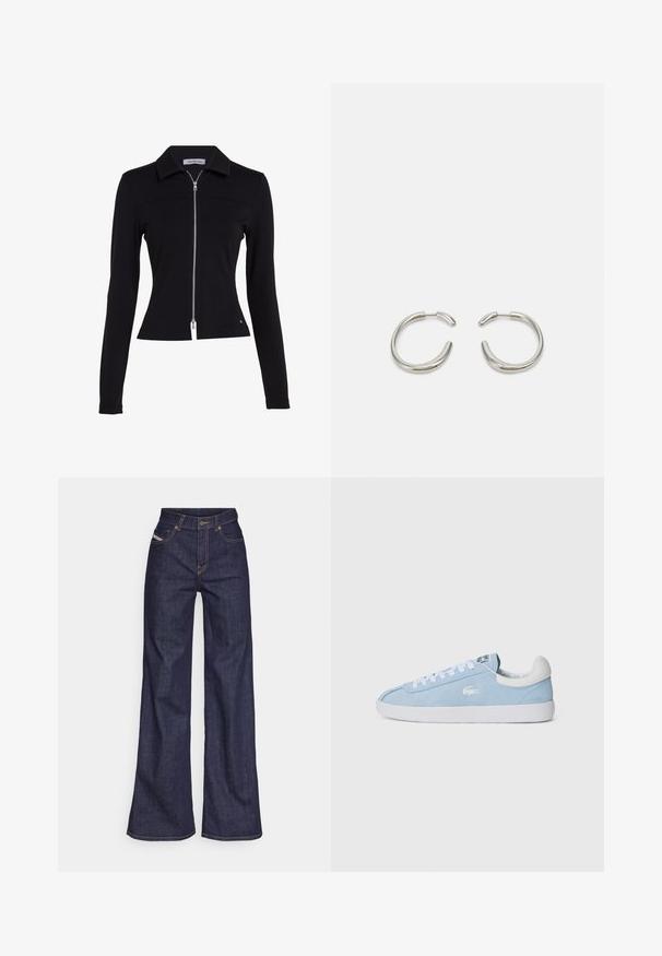 Calvin Klein Jeans ZIPPER LONGSLEEVE MILANO - Kardigán - ck black; Biela bavlnená tričko s potlačou ilútrácie dvoch žien v mestských módnych štýloch so psom na prechode a mestskými budovami.; Tmavomodré široké džínsy z denimu s vysokým pásom, zdobené oranžovým šitím, päť vreckovým dizajnom a zapínaním na gombík.; Svetlomodré semišové tenisky s bielymi šnúrkami a gumovou podrážkou. Obsahujú malé strieborné logo na bočnej strane a biely kožený pätový panel.; Strieborné kruhové náušnice s hladkým, zaobleným dizajnom a elegantným, lesklým povrchom. Majú minimalistický tvar s jemným otvorom.