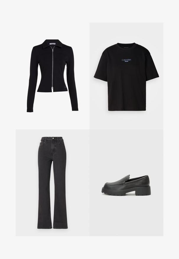 Calvin Klein Jeans ZIPPER LONGSLEEVE MILANO - Cardigan - ck black; T-shirt nera in cotone con colletto rotondo, maniche corte e logo ricamato blu "Calvin Klein JEANS" sul davanti.; Jeans neri a vita alta e a zampa d'elefante in denim, con chiusura a bottoni, passanti per cintura e tasche laterali. Texture liscia con minimal fading.; Mocassini in pelle nera con punta arrotondata, suola spessa e testurizzata, e minime cuciture. Design elegante senza lacci o parti metalliche visibili.