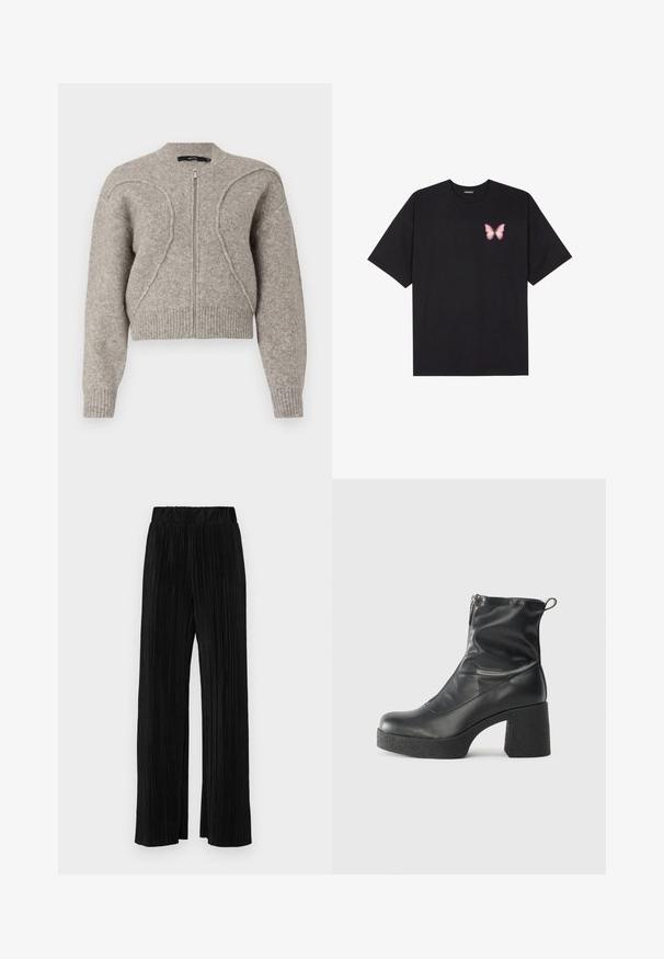 Kuttet, lys grå strikket cardigan med glidelås, ribbestrikkede mansjetter og nederkant, og teksturert detaljering foran.; Svart bomulls T-skjorte med korte ermer, med en liten rosa sommerfugl grafikk på venstre bryst. Crew-neck design med en avslappet passform.; Sorte plisserte bukser med elastisk midje. Har vide ben og et glatt, strukturert stoff med vertikale striper.; Svarte ankelstøvler laget av glatt lær, med glidelås på siden, chunky strukturert hæl, og rund tå-design.