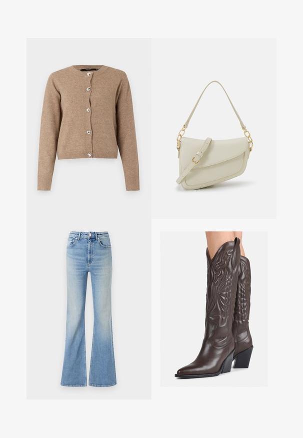 Brown cardigan made of soft fabric, featuring a round neckline, long sleeves, and six shiny, heart-shaped buttons down the front.; White sleeveless tank top made of ribbed fabric, featuring a rounded neckline and a fitted silhouette, with minimal seams and no embellishments.; Light blue flared jeans made of denim, featuring a high waist, five-pocket design, and subtle gradient fading towards the hem.; Brown leather cowboy boots with pointed toe and block heel, featuring detailed stitching and raised accents on the shaft.; Small cream handbag with a textured finish, a long adjustable strap, a chain accent, and a flap closure. Gold hardware detailing.