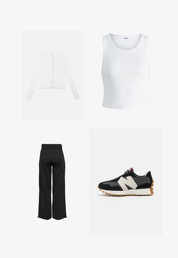 Biała, prążkowana, krótsza kurtka zapinana na zamek błyskawiczny z podwyższonym kołnierzem, długimi rękawami i gładkim zapięciem. Prosty design, strukturalny materiał.; Biały prążkowany top na ramiączkach z okrągłym dekoltem, bez rękawów i skróconej długości. Metka z napisem "JJXX." Gładka faktura materiału.; Czarne, szerokie spodnie z elastycznym pasem, wykonane z gładkiego materiału. Charakteryzują się prostym wzornictwem, bez kieszeni i widocznych szwów.; Czarno-szare zamszowe sneakersy z dużym kremowym logo "N", purpurowymi sznurówkami i teksturowaną gumową podeszwą.