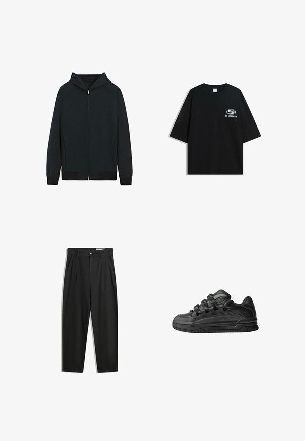 Zwarte zip-up hoodie met lange mouwen, voorzakken en ribbelboorden aan de mouwen en onderkant.; Zwarte oversized katoenen t-shirt met een ronde halslijn en korte mouwen, met een witte "Shibuya" logo gedrukt op de voorkant.; Zwarte katoenen broeken met een losse pasvorm, voorzien van een klassieke tailleband, voorplooien en zijzakken. Gladde structuur zonder patronen.; Zwarte sneakers met een glad leren bovenwerk, gearceerde accenten en ronde zwart-witte veters. Dikke rubberen zool met een geprofileerd loopvlak.