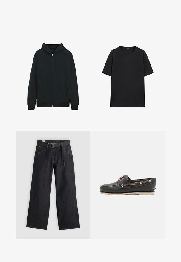 Felpa nera con zip, maniche lunghe, tasche frontali e polsini e orlo a coste.; T-shirt nera a maniche corte in un tessuto liscio e uniforme, con scollatura rotonda e vestibilità rilassata, priva di motivi o dettagli visibili.; Pantaloni a gamba larga in denim scuro con vita regolabile, dotati di tasche frontali e cuciture a contrasto. Texture liscia con un design pulito.; Scarpe da barca in pelle nera con punta arrotondata, suola in gomma bianca, occhielli dorati e lacci bordeaux a contrasto. Presentano dettagli cuciti.