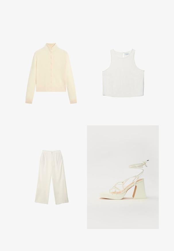 Cardigan lavorato a maglia color crema con colletto alto, chiusura frontale a bottoni e polsini a costine. Tessuto morbido, lunghezza corta e design minimal.; Top bianco senza maniche con scollo rotondo, caratterizzato da una sottile trama, dettaglio a rombo sul retro e orlo dritto.; Pantaloni a gamba larga in tessuto crema con una texture liscia, caratterizzati da un singolo bottone frontale, pieghe sottili e un design a vita alta.; Sandalo bianco con tacco alto, caratterizzato da un design a cinturini e un legaccio alla caviglia. Texture liscia con una piattaforma frontale per un'altezza aggiuntiva.