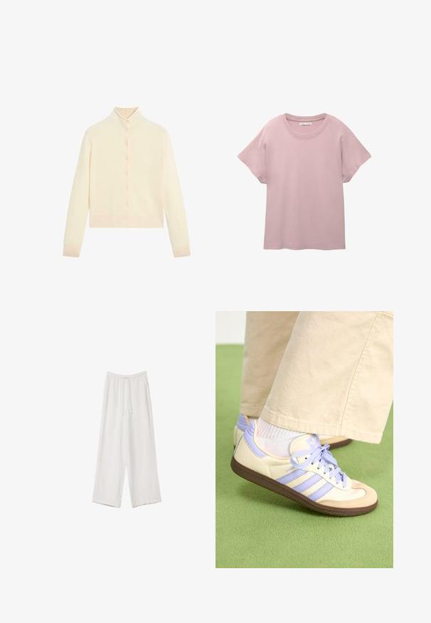 Krémový pletený cardigan s vysokým límcem, plným zapínáním na knoflíky a žebrovanými manžetami. Měkká textura, zkrácená délka a minimalistický design.; Světle růžové tričko s krátkým rukávem vyrobené z hladkého bavlněného materiálu. Má kulatý výstřih a volný střih s rovnou spodní linií.; Bílé široké kalhoty vyrobené z lehké tkaniny. Mají elastický pas se šňůrkou a boční kapsy. Hladká textura.; Krémové a levandulové tenisky se třemi pruhy a texturovanou hnědou podrážkou, vybavené tkaničkami a polstrovanou patou. Měkký textilní svršek.