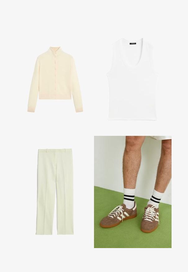 Sweter w kolorze kremowym, dziany, z wysokim kołnierzem, pełnym zapięciem na guziki i ściągaczami na mankietach. Miękka tekstura, krótka długość oraz minimalistyczny fason.; Biała bezrękawnik z okrągłym dekoltem, wykonany z prążkowanego materiału; prosty design bez wzorów czy ozdób.; Kremowe, dopasowane spodnie o prostym kroju, z płaskim przodem, szlufkami na pasek i gładką teksturą.; Brązowe zamszowe sneakersy z białymi akcentami i sznurówkami. Gumowa, brązowa podeszwa. Noszone z białymi skarpetkami w czarne paski. Zielona teksturowana podłoga.