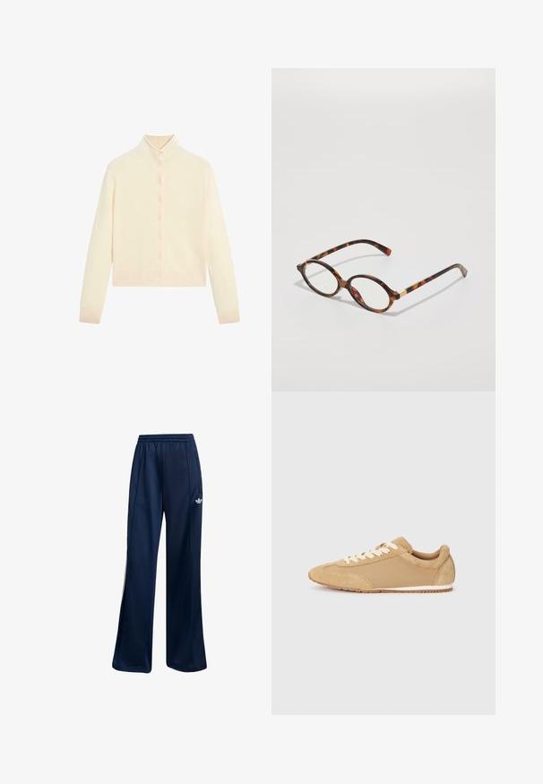 Krémový pletený cardigan s vysokým límcem, plným zapínáním na knoflíky a žebrovanými manžetami. Měkká textura, zkrácená délka a minimalistický design.; Jednoduché bílé tričko s krátkým rukávem a kulatým výstřihem, slim fit, vystavené rovně na bílém pozadí.; Námořnické modré sportovní kalhoty vyrobené z hladkého materiálu, s elastickým pasem a bílým logem na levém boku. Rovný střih.; Světle hnědé tenisky vyrobené z semiše a textilu, s kulatou špičkou, bílými tkaničkami a gumovou podrážkou s texturovaným povrchem.; Kočičí brýle s oválnými rámy, průhlednými čočkami a zlatými akcenty. Mají zakřivené nožičky a hladký, lesklý povrch.; Woven béžová kožená taška s jedním ramenním popruhem, obdélníkového tvaru a strukturovaným povrchem. Součástí je také nastavitelné kování na popruh.