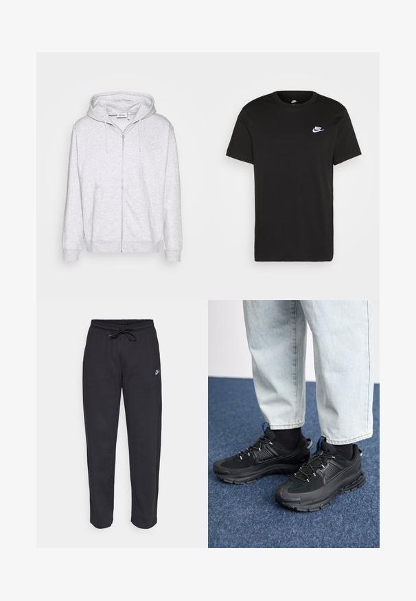 Lys grå zip-up sweatshirt lavet af blødt stof. Har en frontlynlås, to sidelommer og en justerbar snor i hætten.; Sort bomuld T-shirt med korte ærmer, rund hals og et lille hvidt Nike-logo på den øverste venstre bryst. Glat tekstur. Klassisk pasform.; Sorte sweatpants lavet af blødt stof med elastisk talje, snøre og et lille Nike-logo på venstre lår.; Sorte træningssko med tekstureret stof og gummisåler, udstyret med elastiske snørebånd og en blå detalje på hælen. Bæres med lyse denimbukser.