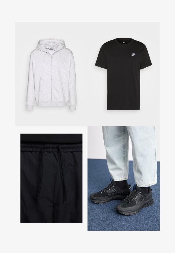 Lys grå zip-up sweatshirt lavet af blødt stof. Har en frontlynlås, to sidelommer og en justerbar snor i hætten.; Sort bomuld T-shirt med korte ærmer, rund hals og et lille hvidt Nike-logo på den øverste venstre bryst. Glat tekstur. Klassisk pasform.; Sorte shorts med snoretræk i taljen, letvægtsstof med en glat tekstur og et simpelt design uden synlige logoer eller mønstre.; Sorte træningssko med tekstureret stof og gummisåler, udstyret med elastiske snørebånd og en blå detalje på hælen. Bæres med lyse denimbukser.