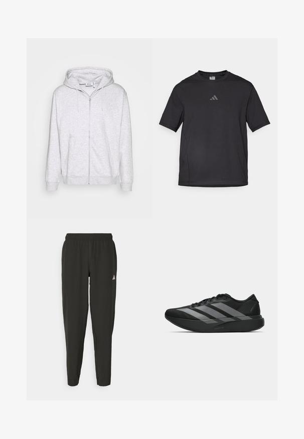 Hoodie zippé gris clair en tissu doux. Il présente une fermeture éclair à l'avant, deux poches latérales et une capuche avec cordon de serrage ajustable.; T-shirt de sport noir en matériau respirant, à manches courtes, avec un col rond et un logo réfléchissant sur la poitrine.; Pantalons de sport noirs avec une taille élastique, coupe slim et logo blanc sur la jambe gauche. Tissu lisse et léger.; Chaussures de sport noires au design léger, présentant trois rayures grises marquées, une texture lisse et une semelle profilée.