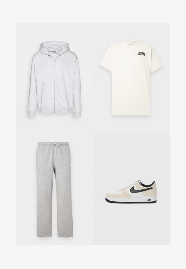 Lys grå zip-up sweatshirt lavet af blødt stof. Har en frontlynlås, to sidelommer og en justerbar snor i hætten.; Cremefarvet bomulds t-shirt med korte ærmer, der har "NIKE SB" i sort og rød tekst på brystet. Standard rund halsudskæring.; Grå joggingbukser med elastisk talje og snor. Fremstillet af blødt stof, de har lige ben og diskret logodetalje.; Sneakers med en lys beige ruskind og hvid læder overdel, sort Nike swoosh, sorte detaljer og en hvid gummisål med "AIR" branding.