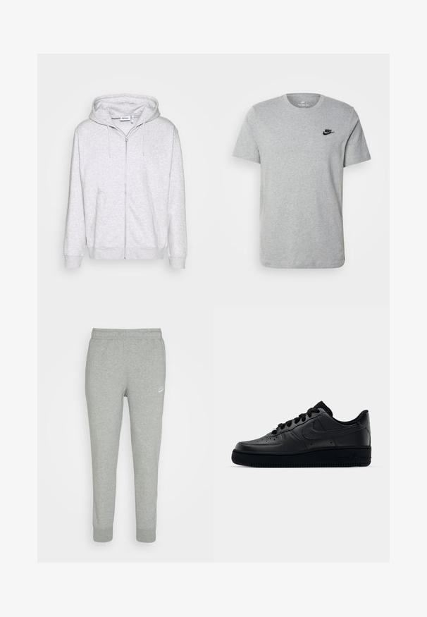 Hoodie zippé gris clair en tissu doux. Il présente une fermeture éclair à l'avant, deux poches latérales et une capuche avec cordon de serrage ajustable.; T-shirt gris à manches courtes en coton, arborant un logo noir de Nike sur la poitrine et un col rond. Design minimaliste sans motifs.; Pantalons de survêtement gris en tissu doux, avec une coupe fuselée, une taille élastique et un petit logo Nike blanc sur la cuisse gauche.; Baskets Nike Air Force 1 noires avec un dessus en cuir lisse, bout perforé pour la respirabilité, lacets noirs et semelle en caoutchouc texturé.