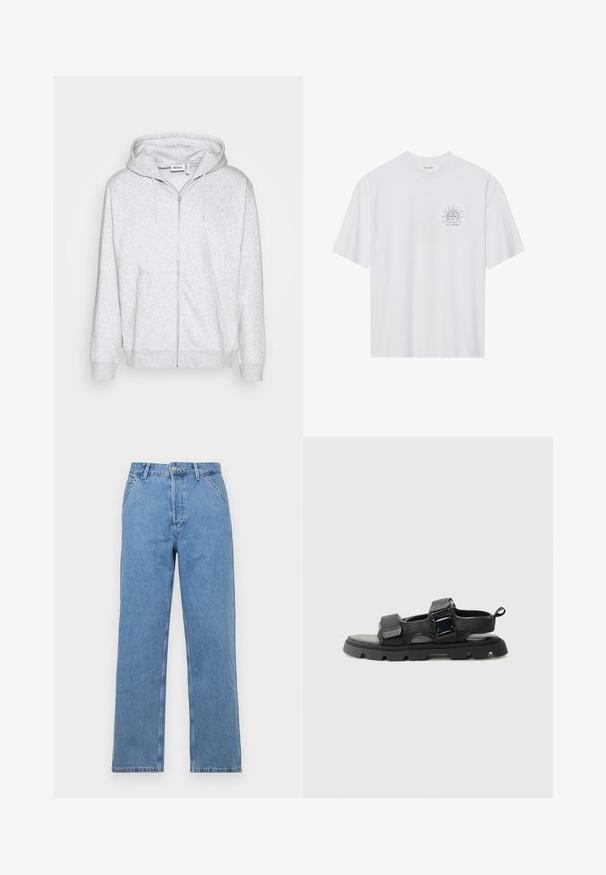 Gaiši pelēka sudraba jakas ar rāvējslēdzēju, izgatavota no mīksta auduma. Iekļauj priekšējo rāvējslēdzēju, divas sānu kabatas un regulējamu kapuci ar auklu.; Balta kokvilnas t-krekls ar īsām piedurknēm, uz kura kreisajā krūtīs ir melns saules grafiks un zem tā teksts "NAVIGATE THE COSMOS".; Gaiši zili džinsi ar taisno piegriezumu un klasisko piecu kabatu dizainu, ar priekšējo pogu aizdari un jostu cilpiņām. Gluda tekstūra.; Melni sandales ar teksturētu auduma virsļu, platām siksnām, metāla sprādzi un biezām gumijas zolem ar rakstu.