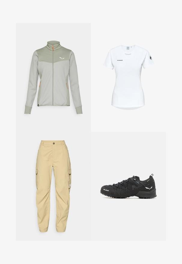 Veste en polaire vert clair avec des panneaux texturés gris, col montant, fermeture éclair intégrale et accents orange. Présente un petit logo sur la poitrine.; T-shirt de sport à manches courtes, blanc, avec un col rond, arborant un logo sur la poitrine et une texture de tissu lisse et léger.; The North Face EXPLORATION CARGO PANTS - Pantalons outdoor - khaki stone; Chaussures de randonnée noires avec une tige en tissu texturé, un système de laçage et une semelle en caoutchouc robuste. Agrémentées de détails réfléchissants et de logos.