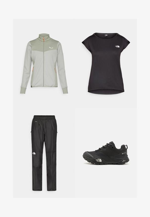 Fleecejakke i lysegrøn med teksturerede grå paneler, høj krave, fuld lynlås og orange detaljer. Har et lille logo på brystet.; The North Face TANKEN TANK - Sports T-shirts - black; Sorte vandtætte bukser lavet af letvægtsstof, med elastisk talje, sidelommer og et logo på venstre ben.; Sort vandresko med en tekstureret overdel, snørebåndslukning og en kraftig gummisål med et fremtrædende logo på siden og mønstrede slidbaner.