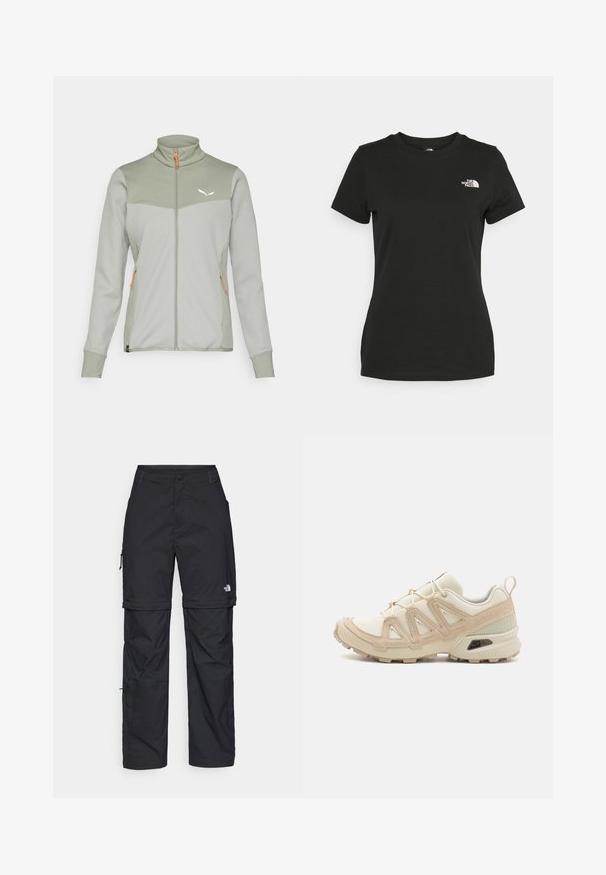 Polarowa kurtka w jasnym zielonym kolorze z teksturowanymi szarymi panelami, wysokim kołnierzem, pełnym zamkiem błyskawicznym i pomarańczowymi akcentami. Posiada małe logo na piersi.; Czarna bawełniana koszulka z okrągłym dekoltem i krótkimi rękawami. Wyróżniające się białe logo na górnej lewej stronie. Gładka tekstura, luźny krój.; Czarne nylonowe spodnie cargo z odpinanymi nogawkami, regulowanymi mankietami, wieloma kieszeniami oraz logo na prawej nogawce. Gładka, lekka tekstura.; Beżowe i kremowe buty sportowe z teksturowanej siateczki, wspierającymi nakładkami oraz gumową podeszwą z wzorem bieżnika zapewniającym przyczepność.