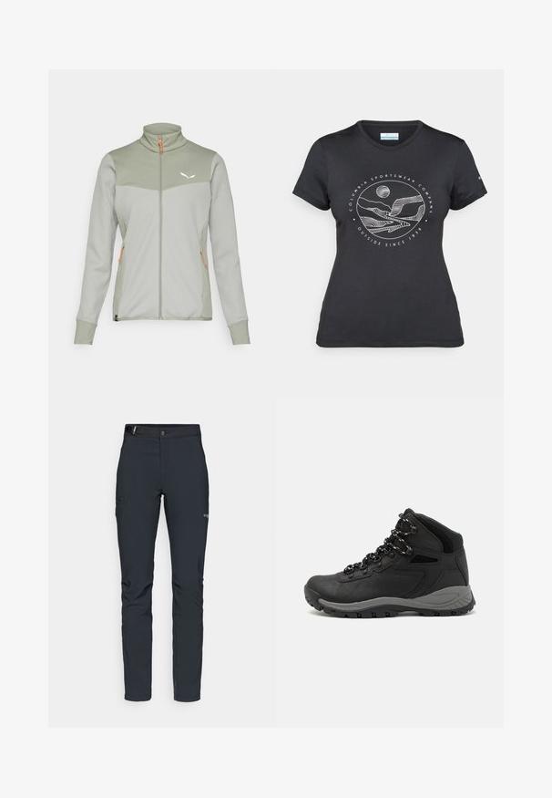 Giacca in pile verde chiaro con pannelli grigi testurizzati, colletto alto, zip completa e accenti arancioni. Presenta un piccolo logo sul petto.; Maglietta nera Columbia con arte lineare bianca di una montagna circolare e un fiume, e il testo "Columbia Sportswear Company Outside Since 1938."; Pantaloni da uomo per attività all'aperto, grigio scuro, realizzati in materiale elastico, dotati di cintura, tasche con zip e cuciture rinforzate.; Stivale da trekking nero con design a metà altezza, dotato di una tomaia texturizzata, accenti grigi e suola in gomma resistente con tasselli per la trazione.