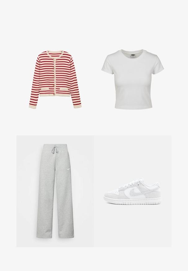 Rjav in krem prugast kardigan iz mehkega pletenega blaga, ki ima zlat gumbast zapenjalnik in dva sprednja žepa z žično pletenino.; Bela bombažna majica s klasičnim okroglim ovratnikom, kratkimi rokavi in prilegajočim se krojem. Ni vidnih vzorcev ali dodatkov.; Sive hlače iz trenirke z elastičnim pasom, detajlom na vezanje in majhnim belim logotipom Nike na levem stegnu. Mehak material, ohlapen kroj.; Bele tene Nike z sneakerji z mešanico teksturirane usnja in semiša, z nizkim dizajnom, okroglo toe in vzorčastim gumijastim podplatom.