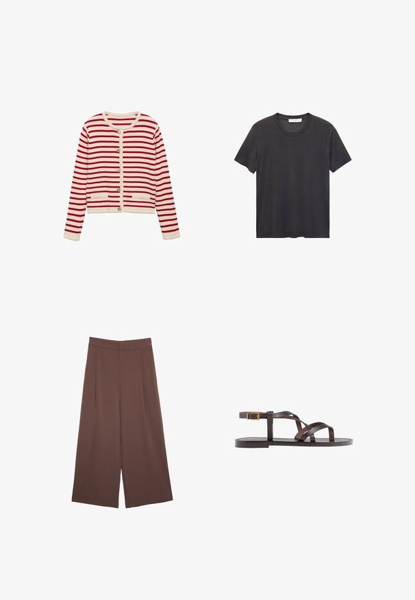 Červený a krémový pruhovaný kardigán vyrobený z mäkkej pleteniny, s uzatvorením na zlaté gombíky a dvoma prednými vreckami s detailmi z copíkovej pleteniny.; Čierne tričko s okrúhlym výstrihom vyrobené z jemnej bavlny. Krátke rukávy, voľný strih a rovný lem bez ozdôb či vzorov.; Hnedé nohavice so širokými nohavicami a hladkou textúrou, s vysokým pásom a prednými skladmi. Tkanina je ľahká a voľne sa pohybuje.; Hnedé kožené sandály s krížovými popruhmi, uzatváraním na pracku okolo členku a plochou podrážkou s minimálnymi ševmi.