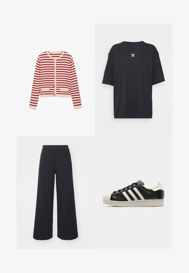 Rjav in krem prugast kardigan iz mehkega pletenega blaga, ki ima zlat gumbast zapenjalnik in dva sprednja žepa z žično pletenino.; Črna bombažna majica s kratkimi rokavi in okroglo ovratnikom, ki na prsih prikazuje bele Adidasove logotip. Enostaven dizajn, sproščen kroj.; Črne široke trenirke iz mehkega blaga, z elastičnim pasom in majhnim logotipom na levi strani.; Črne usnjene superge z belimi črtami, gumijastim pokrovom za prste, črnimi vezalkami in kremasto obrobo podplata. Gladka tekstura z sijočim zaključkom.